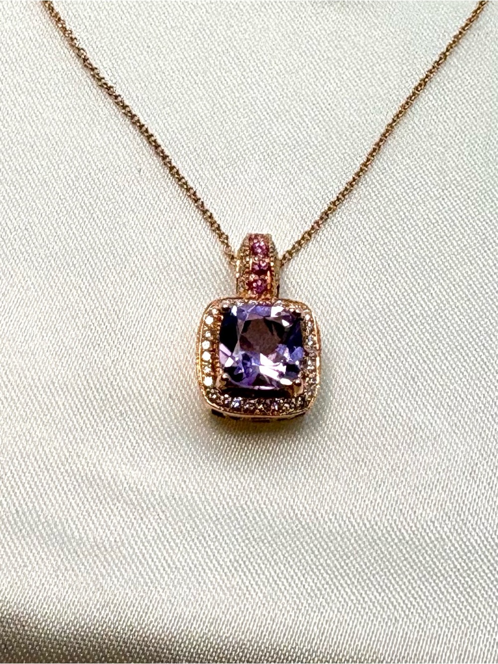 Levian Amethyst Pink Sapphire and Diamond Necklace Pendant 14k Rose Gold